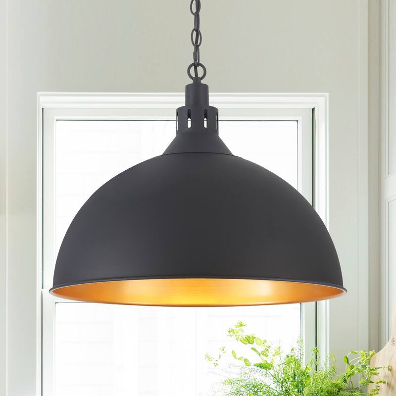 Modern Fashion Simple Black 1-Light Chandelier Height Adjustable With Metal Domed Shade - 19.69
