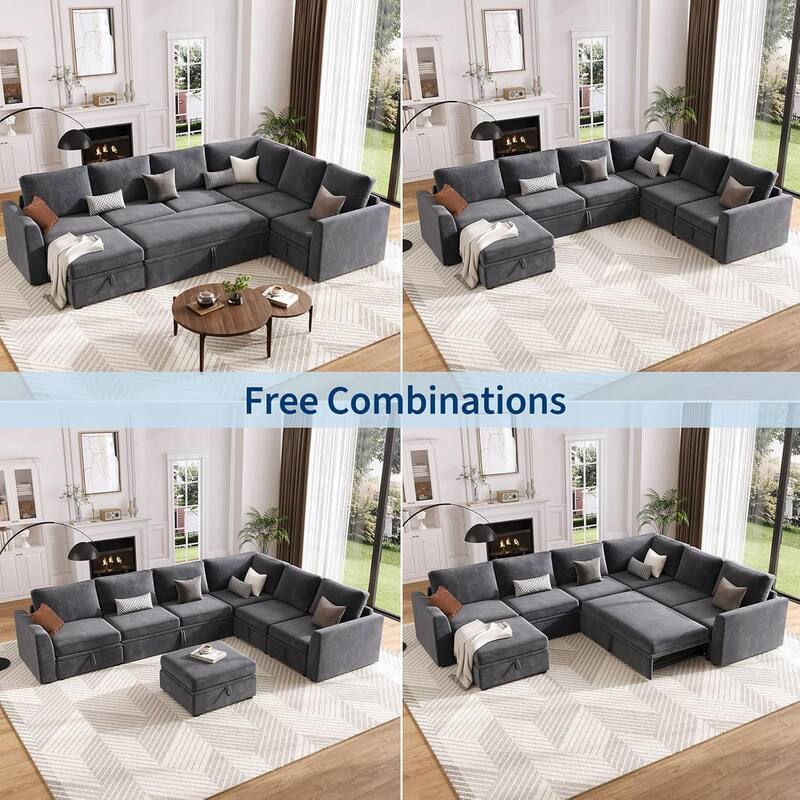 U Shaped Sectional Sleeper Sofa with Pull Out Bed, Chenille Modular Sectional Sofa