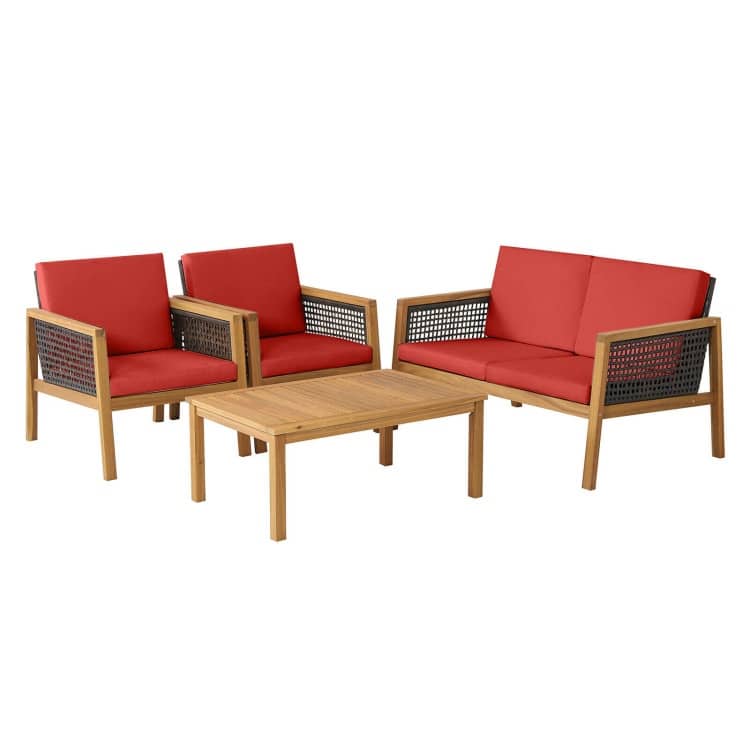 4 Pieces Patio Rattan Furniture Set with Removable Cushions - 30.5" x 48" x 29" (L x W x H) - Red