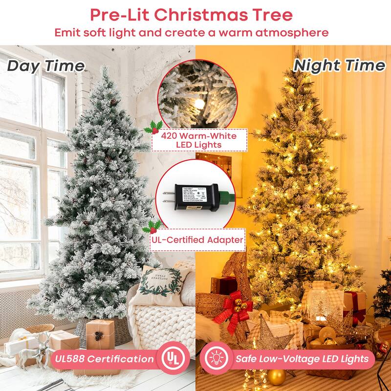 Gymax 7 FT Pre-Lit Snow-Flocked Christmas Tree Artificial Hinged Xmas