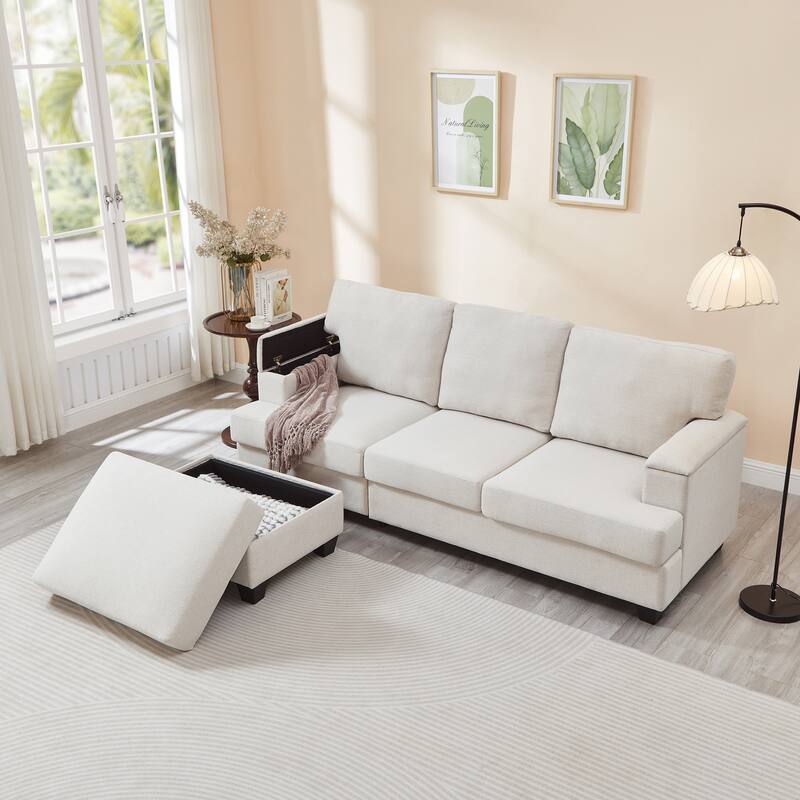 L Shaped 3 Seats Sofa with Armrest Organizer, Linen Sectional Sofa with Movable Ottoman, Comfy Upholstered 3 Seater Couch,