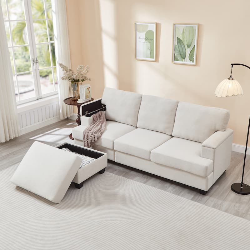L-shaped Chaise Sectional Sofa with Movable Ottoman, Hidden Storage in Armrests & Seats, Storage Couches with Thick Cushions - Beige