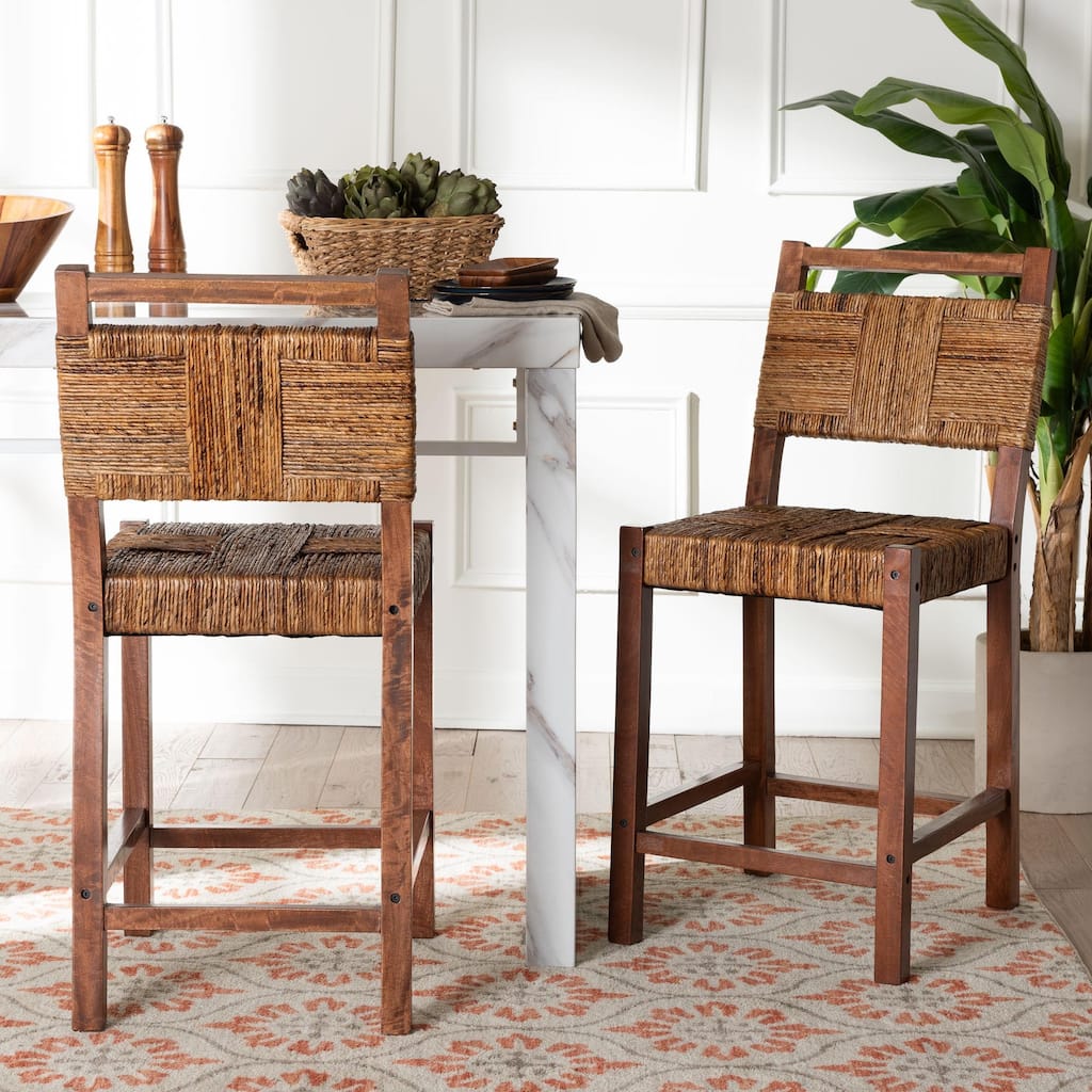 Chabela Seagrass Counter Stool - Solid Mango Wood Frame with Woven Seat and Backrest, Rustic Boho Style Dining or Kitchen, Brown