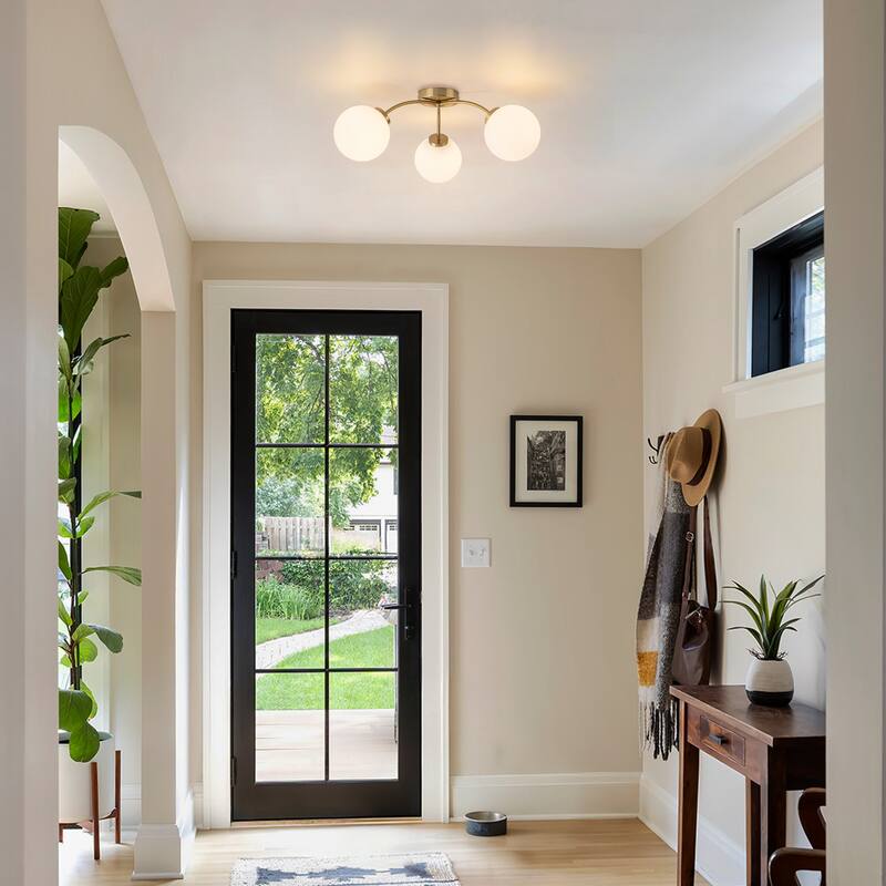 6-Light Brass Semi-Flush Mount Ceiling Light with Opal Glass Shades - 24.2-in W x 9.05-in H