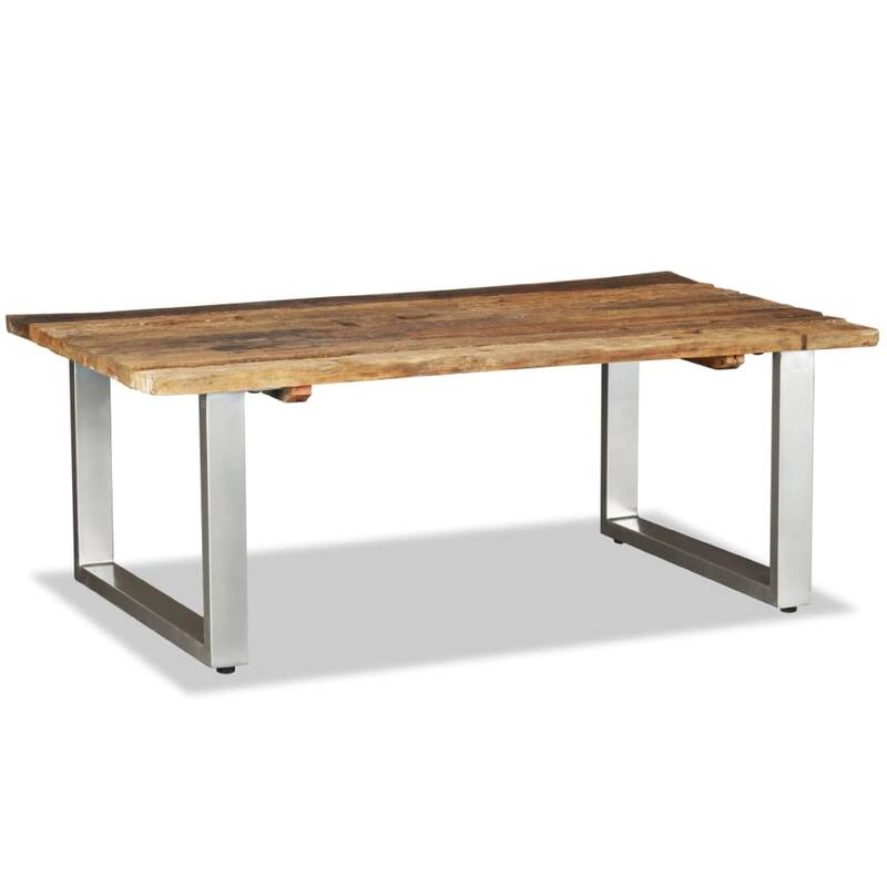 Coffee Table, 39 Inch Brown Reclaimed Wood Top, Metal Sled Base