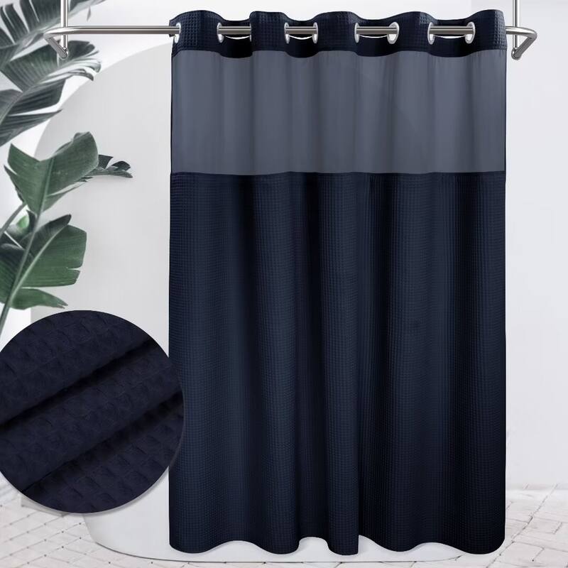 Cotton Blend Honeycomb Waffle Weave Shower Curtain with Snap-in Liner