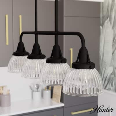 Hunter Cypress Grove 4-Light Linear Chandelier - Kitchen Island, Dining Room - Clear Fluted Glass - Transitional, Industrial