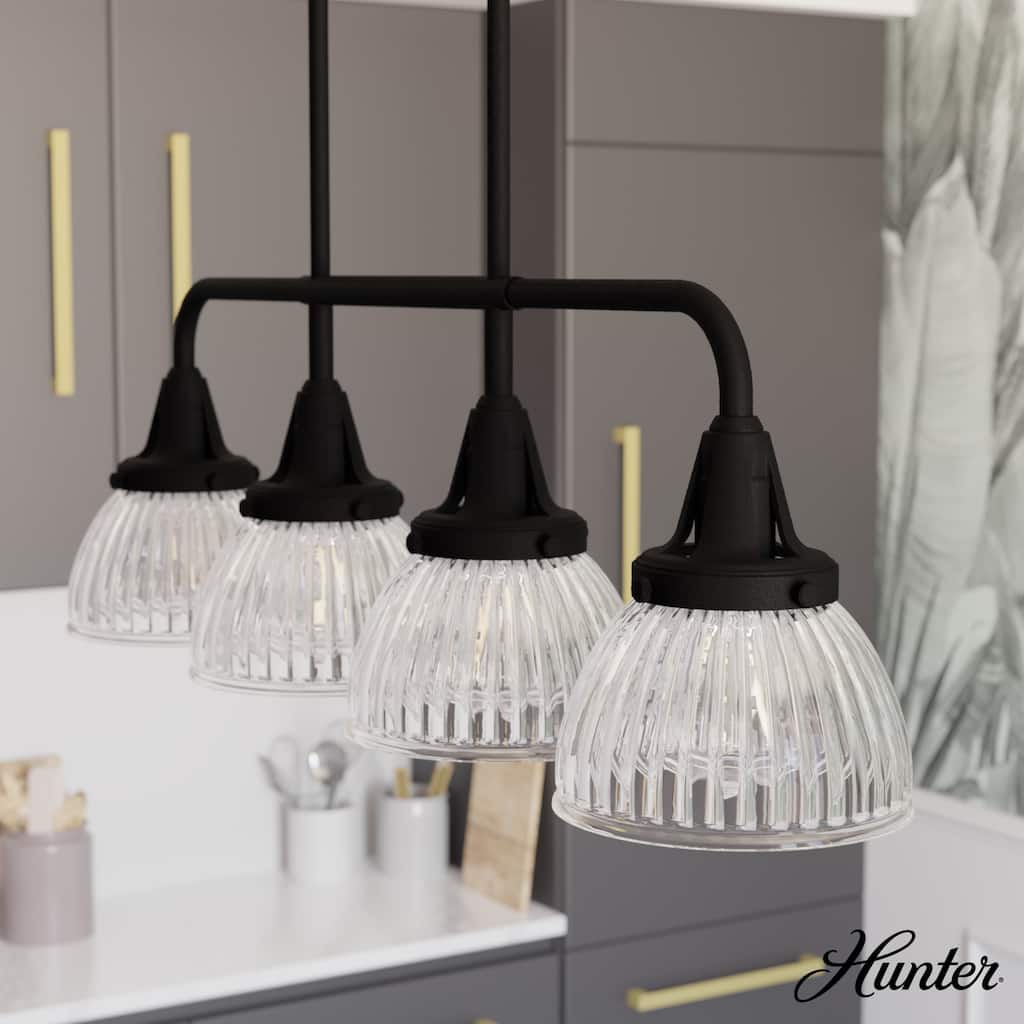 Hunter Cypress Grove 4-Light Linear Chandelier - Kitchen Island, Dining Room - Clear Fluted Glass - Transitional, Industrial