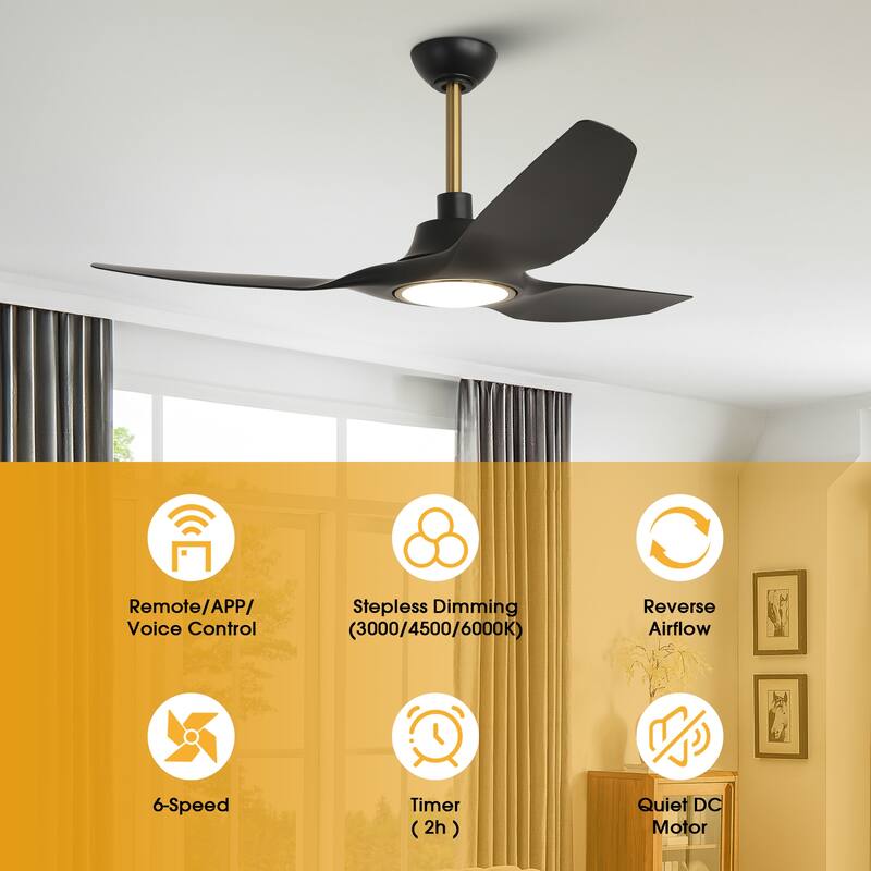 52" Modern Black Dimmable Propeller Smart Ceiling Fan with Light and Remote, App Control, Voice Control