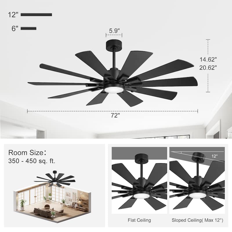 62/72-Inch Reversible 10-Blade Large Ceiling Fan with Light and Remote