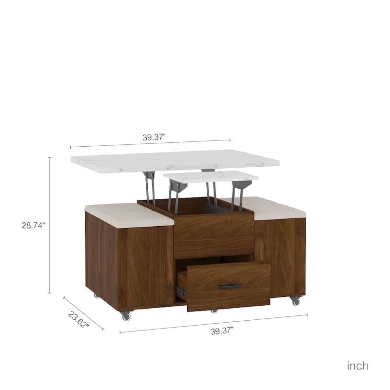 Lift Top Coffee Table Set with 4 Stools, Center Table with Hidden Storage & Drawers, Living Room Table with Lockable Wheels