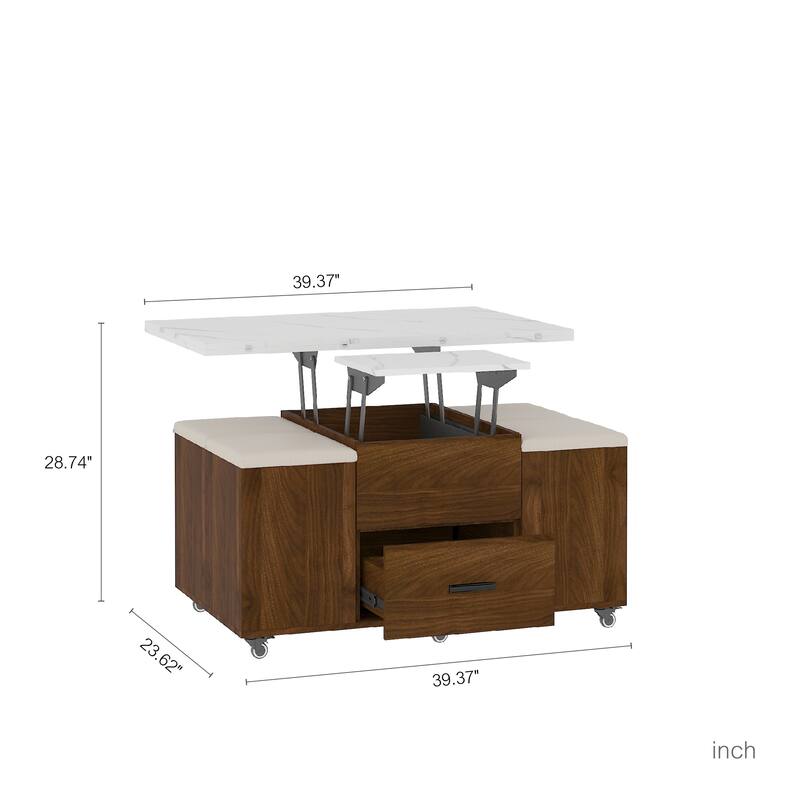Modern Lift-Up Coffee Table with 4 Stools Set Expandable 1 Hidden Storage + 2 Drawers Space Saving Folding Dining Table