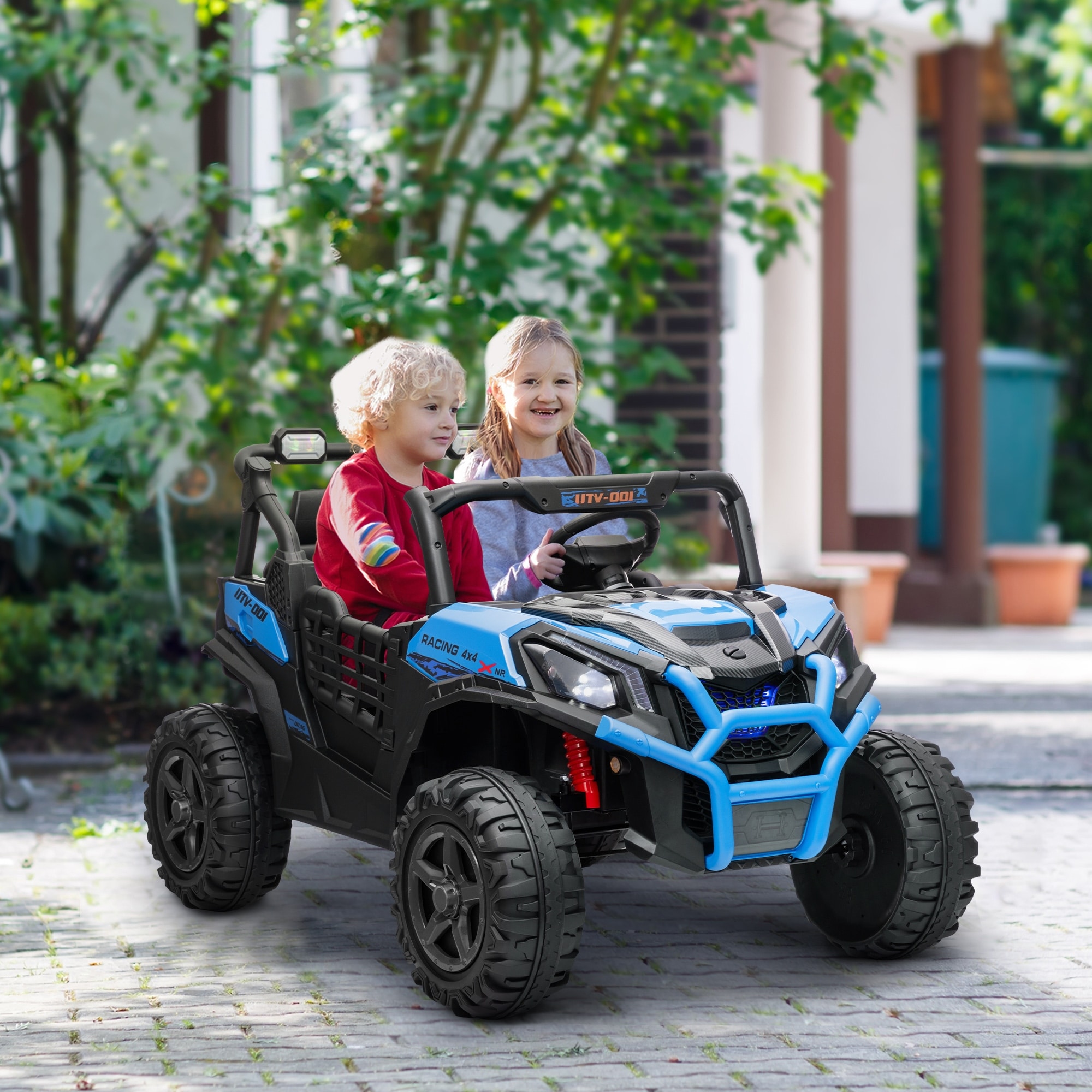 24V Kids Ride-On Car with Parent Remote Control, Battery Powered Electric Car Blue Off-Road Toy Car with Safety Belts