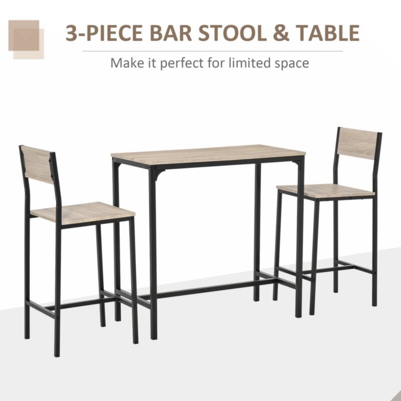 3 Piece Bar Table and Chairs, Industrial Dining Table Set for 2, Counter Height Kitchen Table with Bar stools