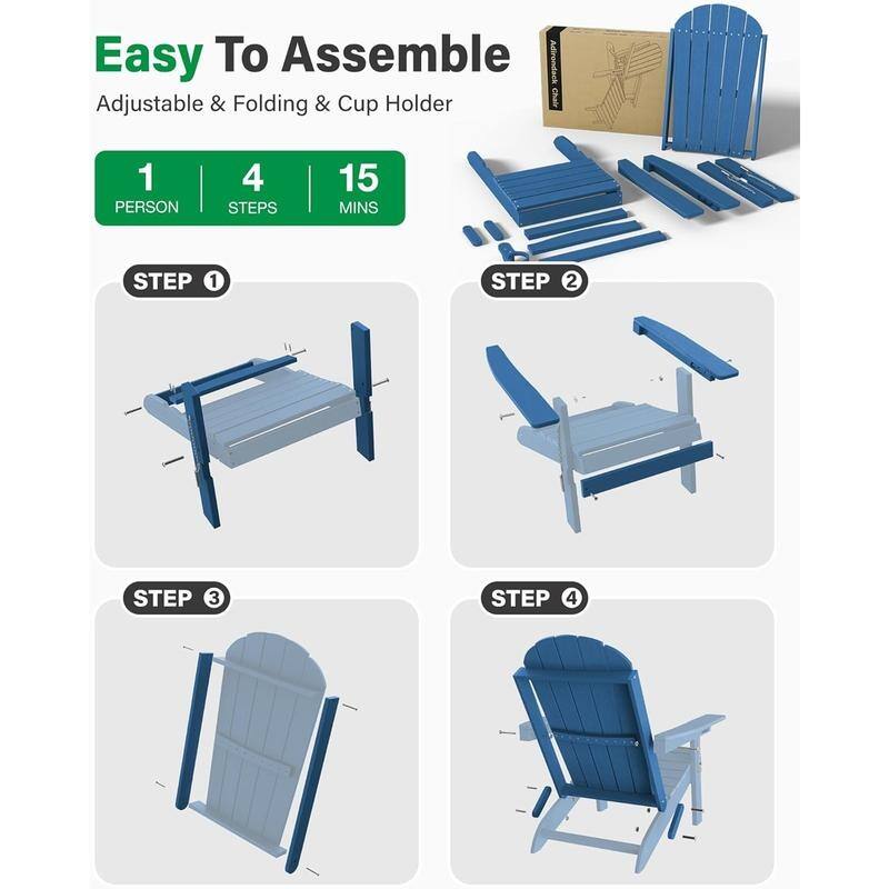 WINSOON Outdoor All-Weather HDPE Folding Adirondack Chair with Cup Holder & Adjustable Back Set of 4