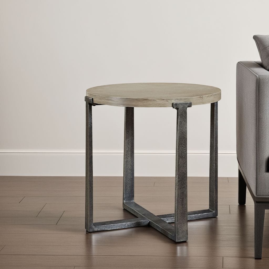 Dalen Side End Table, Round Gray Oak Veneer Top, Metal Base, 24 Inch