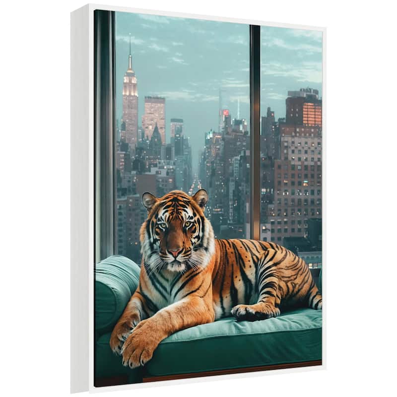 Kate and Laurel Sylvie Graceful Tiger in New York Framed Canvas by Michael Schauer - 28x38 - White