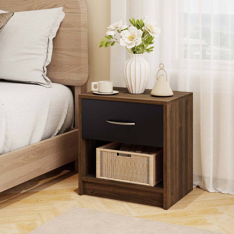 Costway Modern Nightstand Bedside Table with Drawer Open Storage Shelf