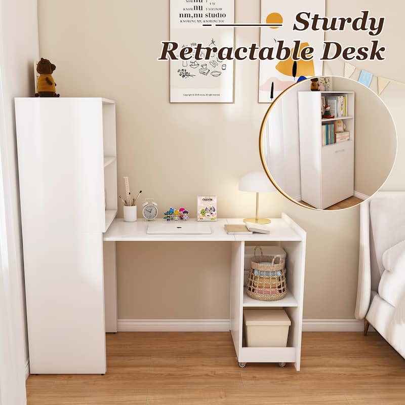 Burlywood Foldable Desk with Wheels, Office Desk with Storage for Small Spaces