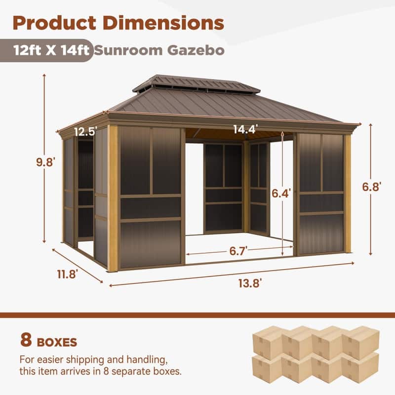 Outdoor Hardtop Sunroom Gazebo with Double Roof & Sliding Doors, All-Season Aluminum Outdoor Pergola, PE Screens&Lockable Design