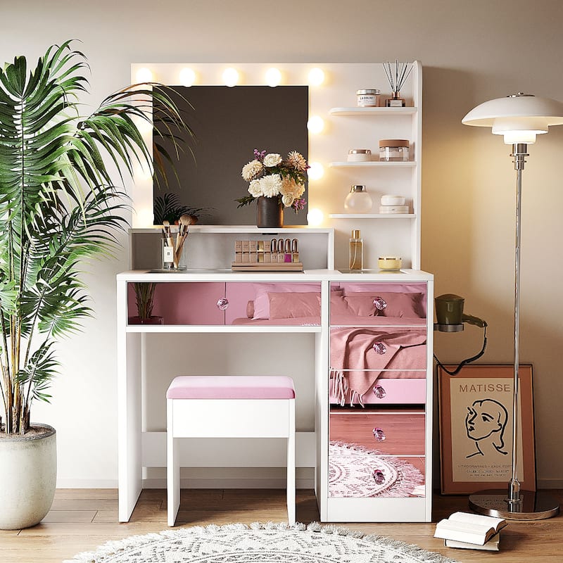 Makeup Vanity Desk with Mirror and Light, Vanity Table & Stool Set, Dressing Table with Pink Finish Drawers & Charging Station - Pink,White