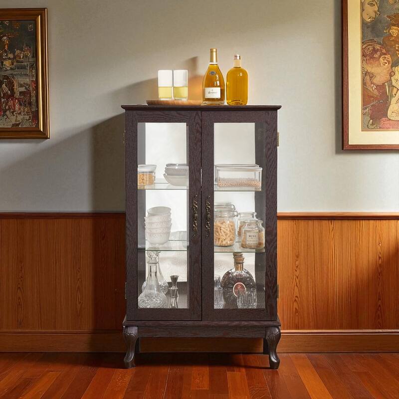Elegant Curio Cabinet with LED Light, Tempered Glass Doors, Adjustable Shelves & Mirrored Back - Antique Display Storage - Cherry