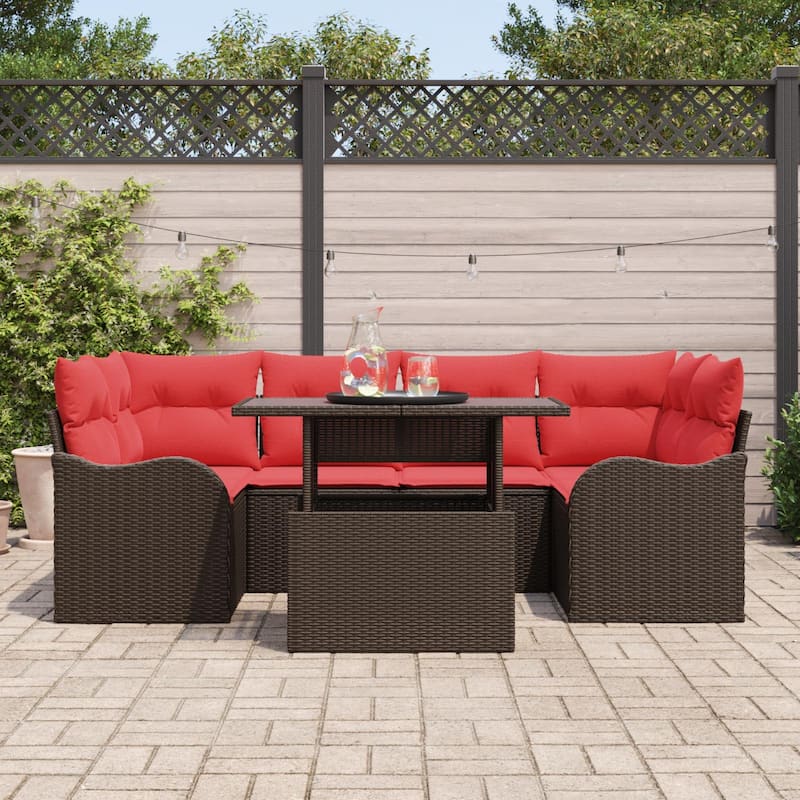 vidaXL 7 Garden Sofa Set with Cushions Black/Brown/Grey Poly Rattan - 92.1 x 48.2 x 27.2