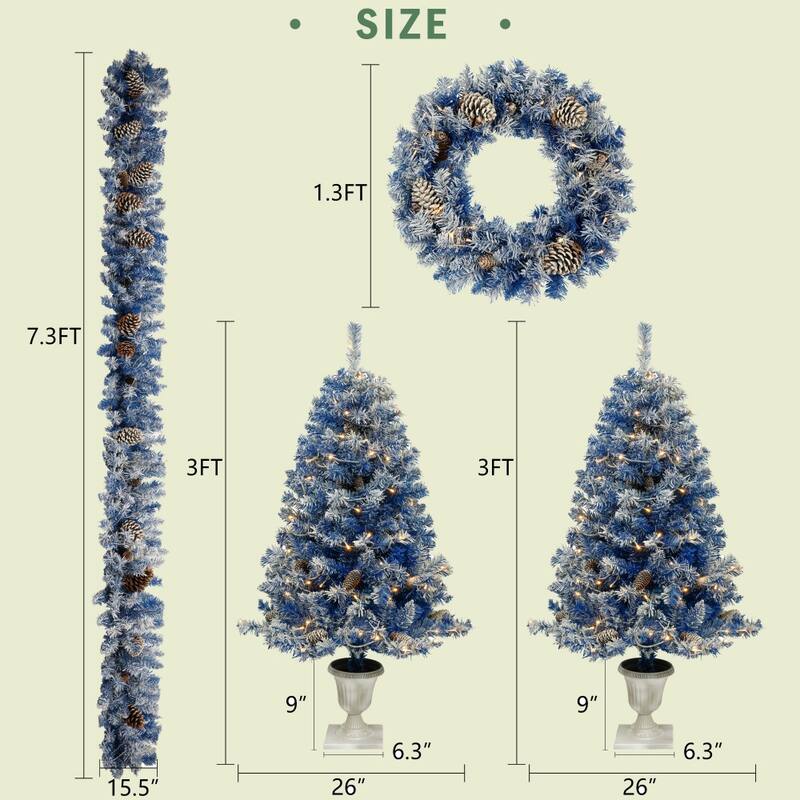 4-Piece Artificial Christmas Tree Set Garland and 2 Entrance Trees