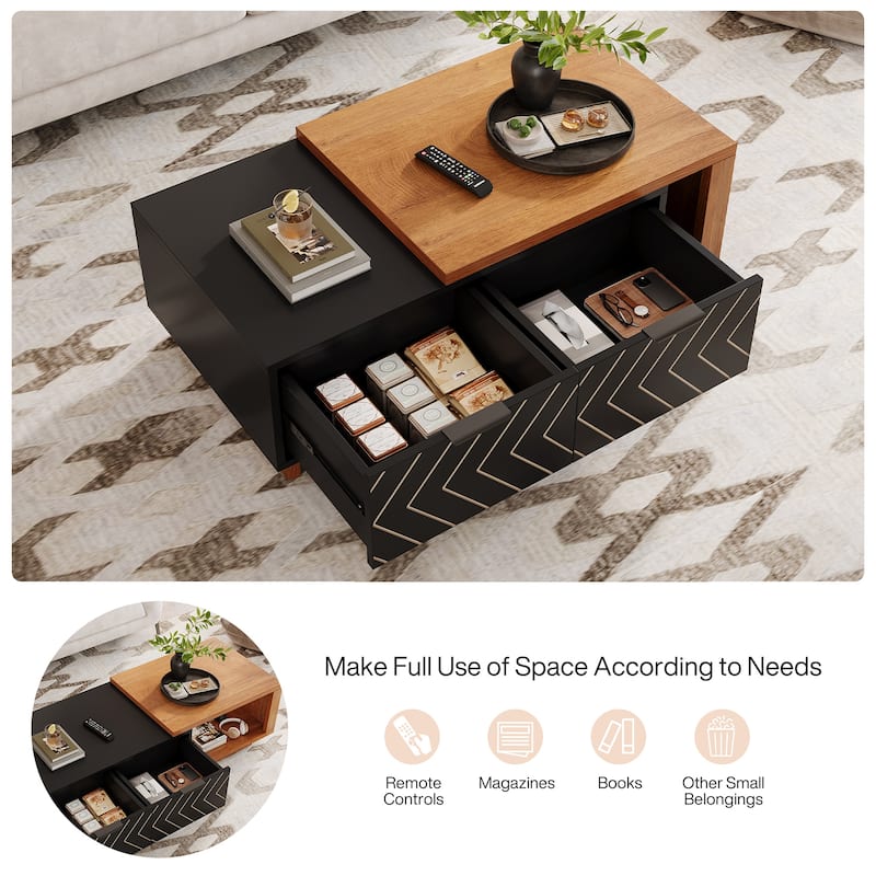 Extendable Coffee Table with 2-drawer and Wood Sliding Tabletop for Living Room