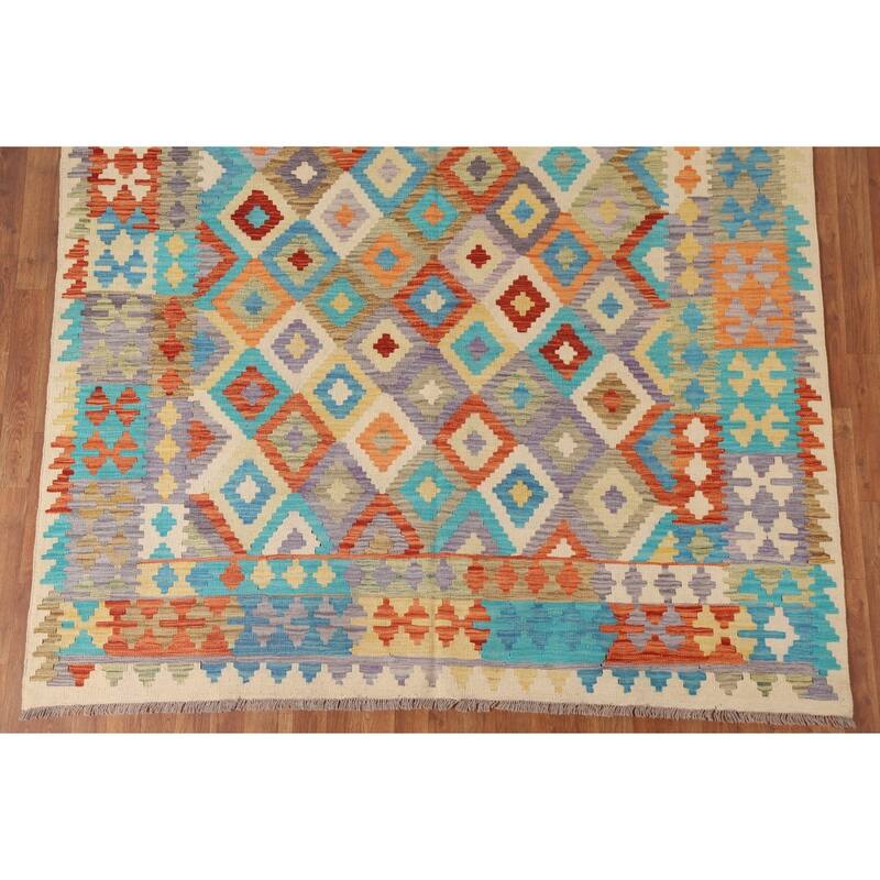 Hand Woven Oriental 100% Wool Carpet Southwestern Geometric Multi-Colored Kilim Area Rug - 9' 6'' X 6' 9''