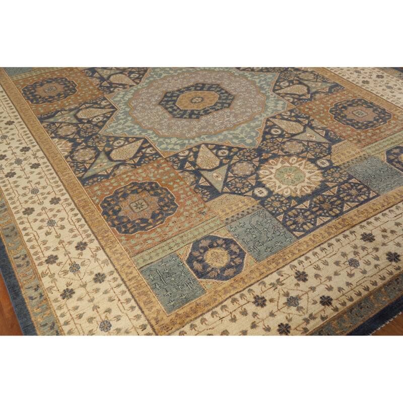 Hand Knotted Oriental 100% Wool Carpet Traditional Geometric Navy Blue & Blues Kazak Area Rug - 9' 10'' X 7' 11''