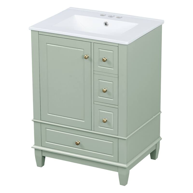 Roomfitters 24" Bathroom Vanity with Sink, Solid Wood Frame, 3 Drawers & Side Cabinet with Door Racks