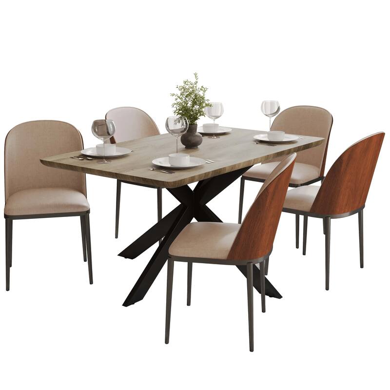 Ravenna 6-Piece Dining Set 66-Inch Rectangular MDF Dining Table and 6 Dining Side Chairs - Walnut/Light Brown