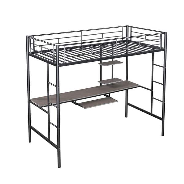 slide 2 of 5, Metal Twin Loft Bed with Built-in Keyboard Tray in Black Black