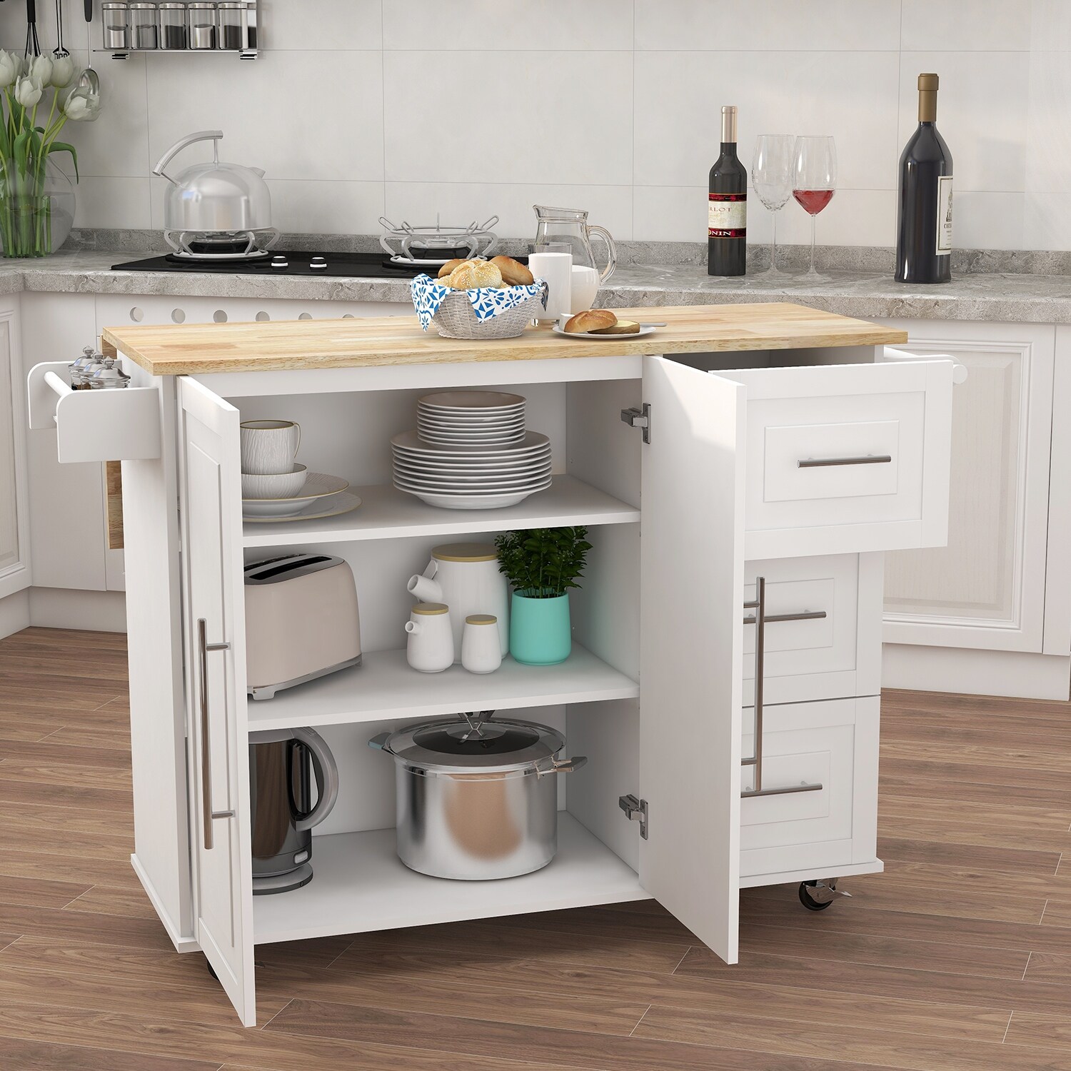 Kitchen Island With Spice Rack, Extensible Table Top And Four ...