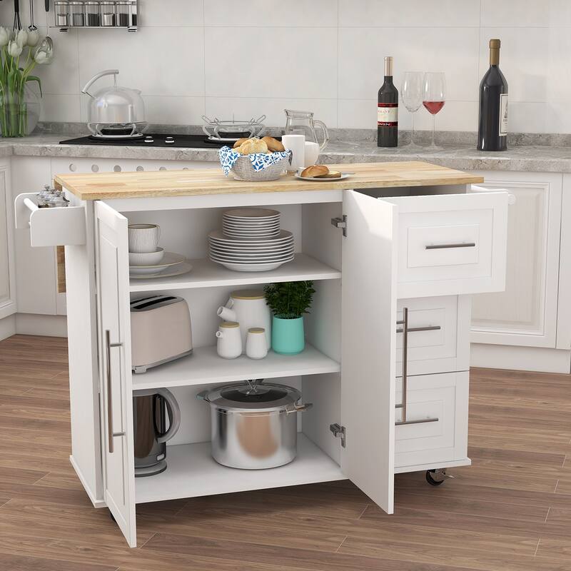 Kitchen Island with Spice Rack Towel Rack Extensible Solid Wood Table Top and Wheels, for Kitchen Storage and Workspace
