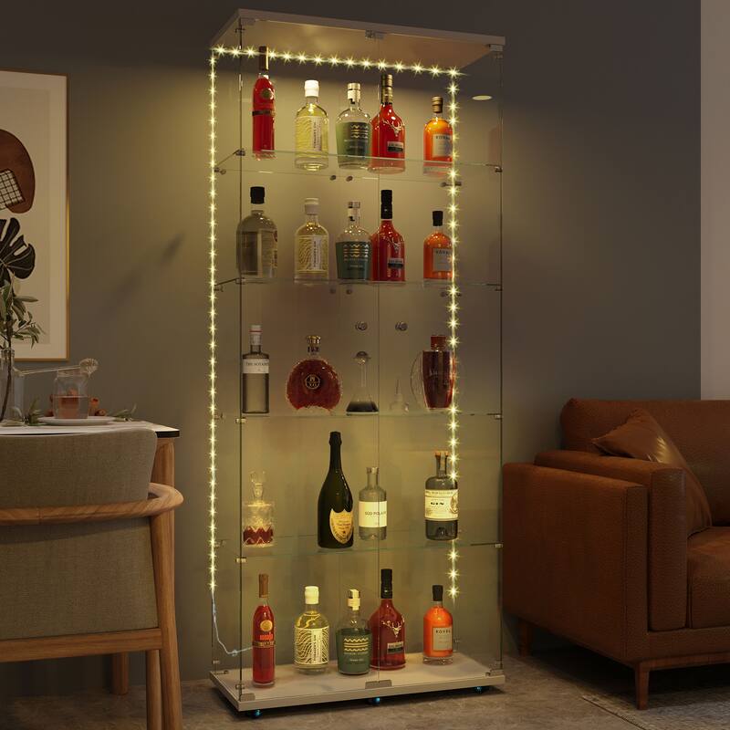 Tempered glass display cabinet, file cabinet, with Bluetooth LED light strip, lock on the door,equipped with cast, easy to move