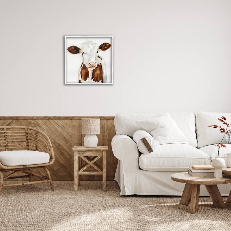 Stupell Farm Cow Portrait Neutral Watercolor Brown Tan Framed Wall Art, 12x12