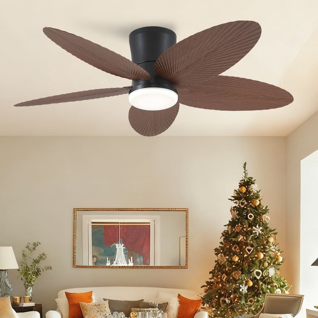 42 Inches Flush Mount Ceiling Fan with Light and Palm Leaf ,3CCT Dimmable LED Integrated,for Indoor and Outdoor - 42 Inches