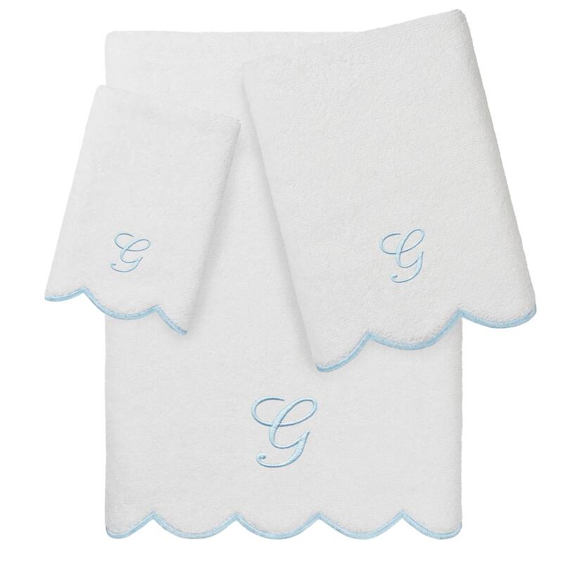 Authentic Hotel and Spa 100% Turkish Cotton Blue ADORNIA Scallop Personalized 3 Piece Towel Set - 3 Piece Set - G