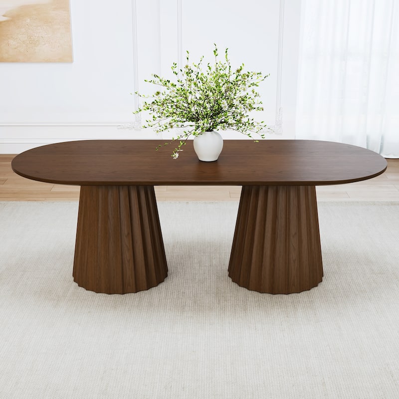 86" Modern Oval Dining Table Set with 8 Upholstered Chairs Textured Wood Top & Dual Pleated Pedestal Base