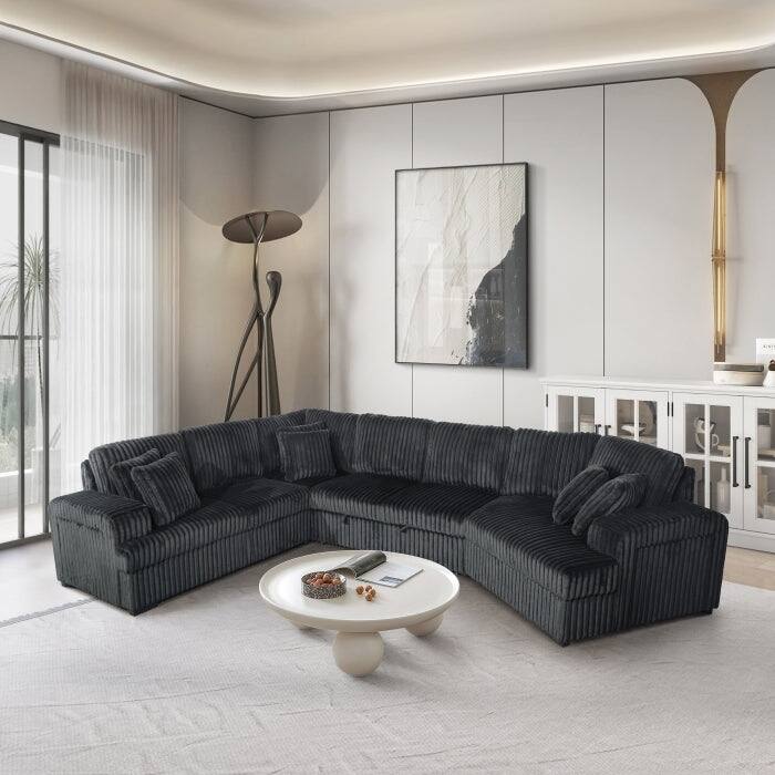 Modern Right Facing Half U-Shaped Pull Out Sectional Sofa with Storage Armrest, USB Port and Pillows - Grey