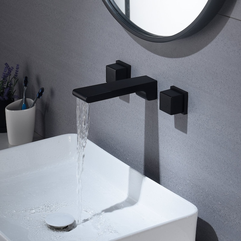 waterfall matte black wall mount Dual Handle Bathroom Sink Faucets with Brass Pop up Overflow Drain - 5' x 11'
