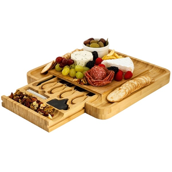slide 2 of 9, MegaChef Bamboo Charcuterie Cheese Board w/ Cheese Utensils and Accessories Set