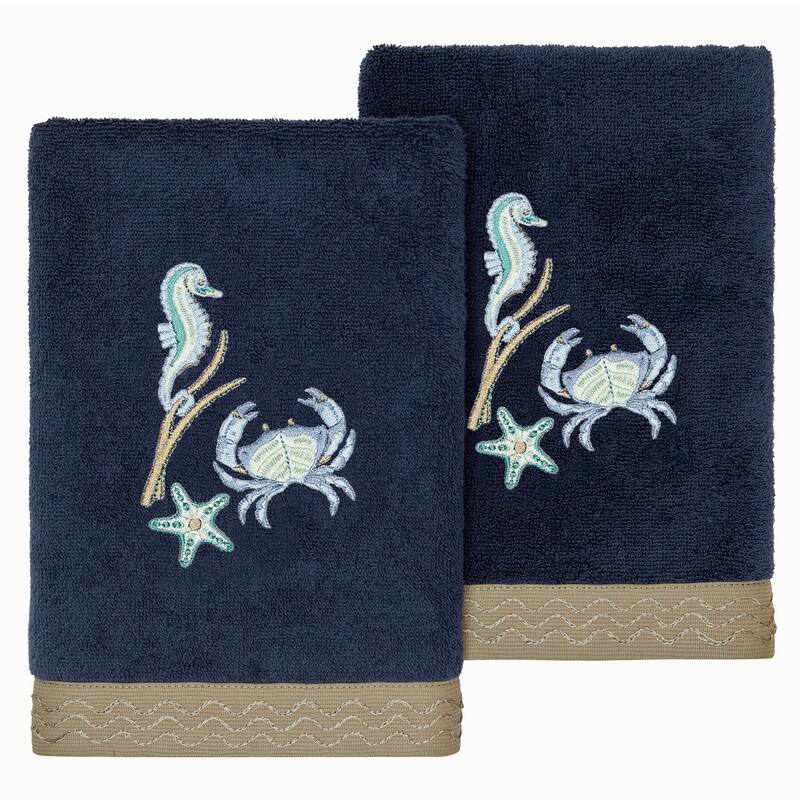 Authentic Hotel and Spa Turkish Cotton Aaron 2PC Embellished Hand Towel Set - Marine