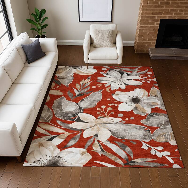 Machine Washable Indoor/ Outdoor Floral Chantille Rug