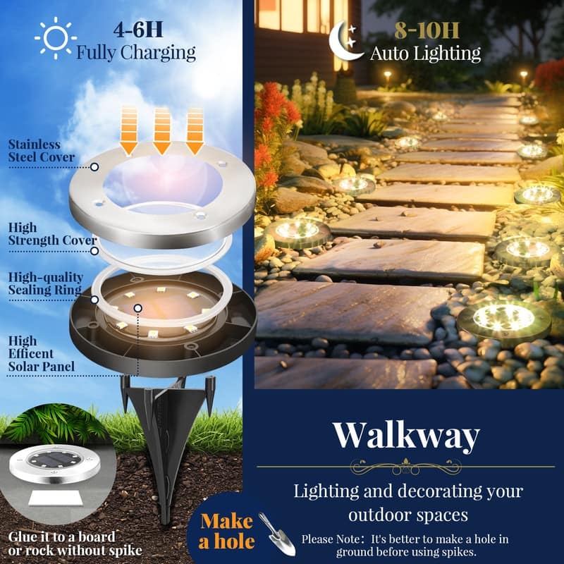 FKHouse Warm White 8 LED Solar Outdoor Waterproof In-Ground Path Lights