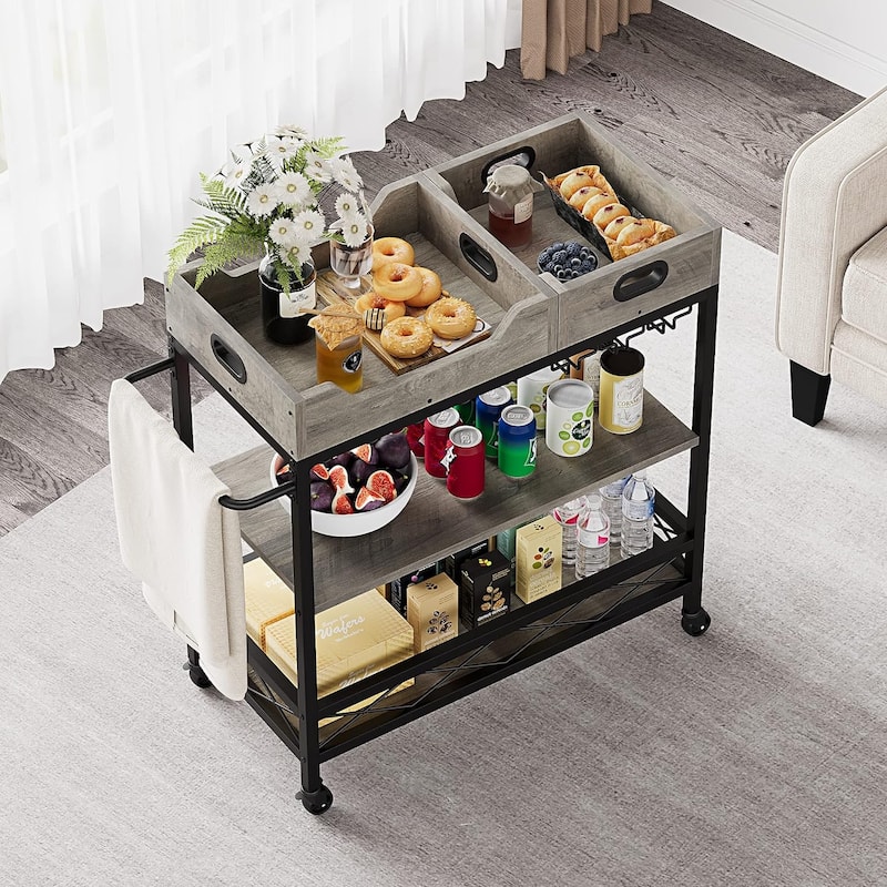 3 Tier Home Bar Serving Cart with Wine Rack and Glass Holders