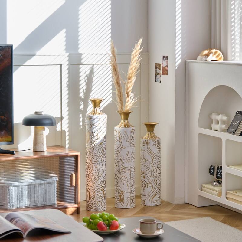 Floor Metal Vases Decorated White Metal vases Set of 3 gorgeous home decoration large glazed metal vases