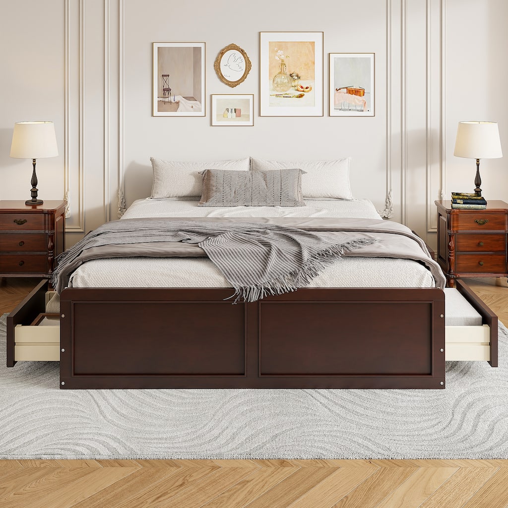 Brown Wood Queen Size Platform Bed Frame with 6 Storage Drawers, Low-Profile Storage Bed Frame for Bedroom, Apartment